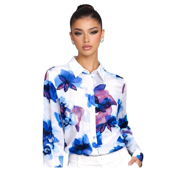 Banana Republic Tops - Banana Republic Sheer Floral Chiffon Button Up Blouse Blue White Women S